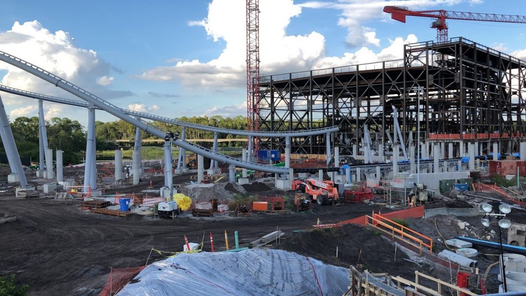 Walt Disney World Magic Kingdom Tomorrowland Transit Authority PeopleMover view of TRON Lightcycle Power Run roller coaster track construction