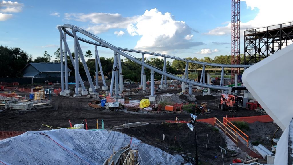 Walt Disney World Magic Kingdom Tomorrowland Transit Authority PeopleMover view of TRON Lightcycle Power Run roller coaster track construction