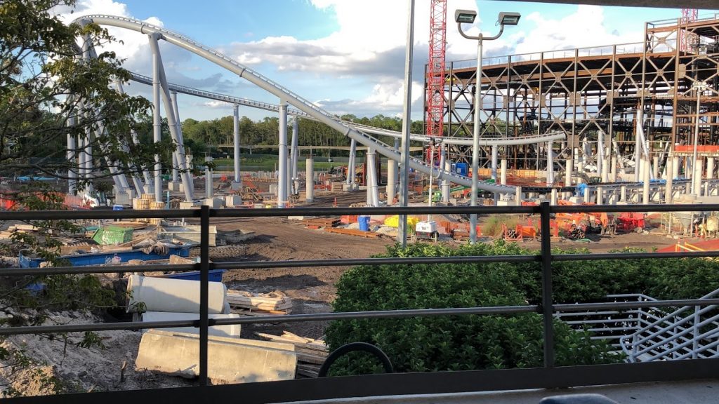 Walt Disney World Magic Kingdom Tomorrowland Transit Authority PeopleMover view of TRON Lightcycle Power Run roller coaster track construction